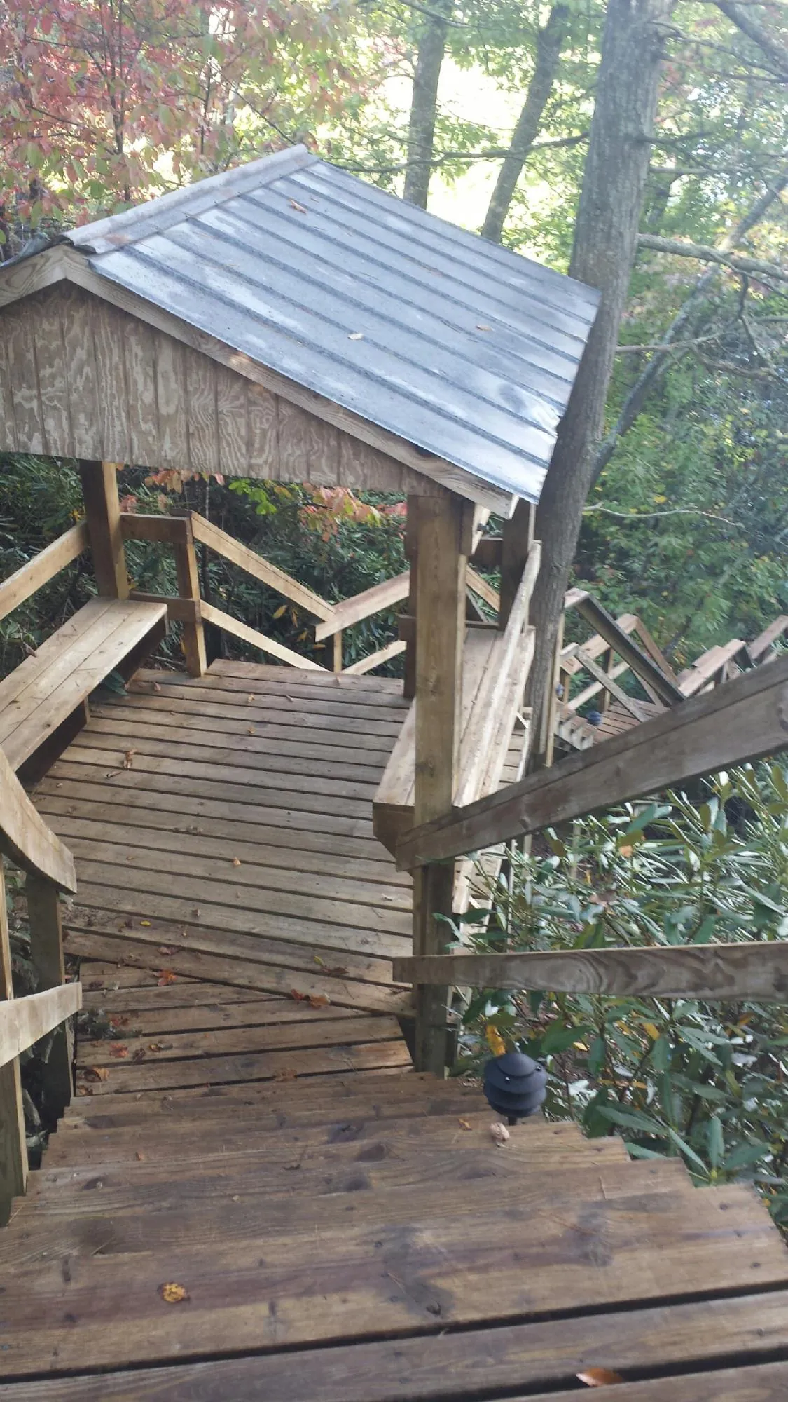 Metal roofed shelter over wooden steps on a wooded walkway — Skylight Repair & Installation work by our crew in Birch River